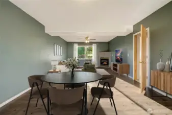 A cozy gas fireplace adds warmth and ambiance, making this space inviting year-round.