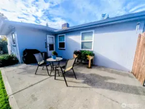 Back yard patio and door to utility room.