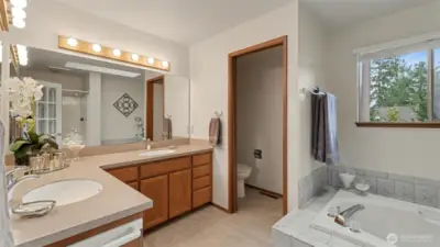 The primary bathroom has a soaking tub, full shower, 2 sinks and a skylight.  The flooring is luxury vinyl plank