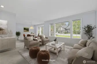 Virtually Staged.  Huge front Living and Dining area can be anything you want. Library, offices, Yoga space.