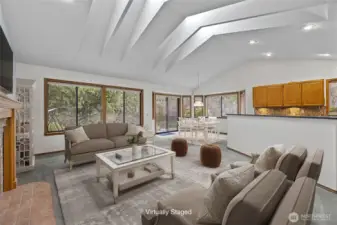 Virtually staged Great Room in neutral palette.