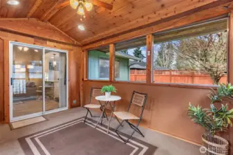 Love the knotty pine ceiling & convenient access to the kitchen! The ceiling fan keeps air circulating on warmer days & A/C keeps the home comfortable & cool when you need it most!
