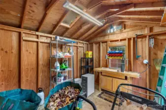 This 10'x10' shed features electricity for lighting & outlets & great space for storing equiptment.