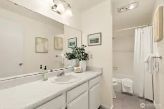 The full bath in the hallway just got new flooring