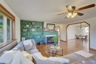 Built-ins and a fireplace adorn the space