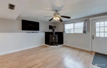 Cozy family room with wood burning stove