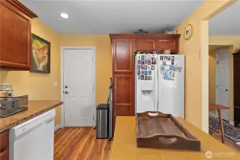 Door from kitchen leading to back yard & also to basement.