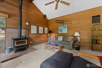 Living area with wood burning fireplace