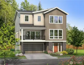 Exterior Rendering of the Glacier Home Plan. Striking three-level home with modern farmhouse-inspired architecture, highlighted by rich siding details, oversized windows, and a welcoming covered entry. A two-car garage and thoughtful landscaping complete the curb appeal, all set within the desirable Foxmoore community.    All photos, renderings, site maps, and floorplans are for visualization purposes only. Plans, colors, building orientation, finishes, home outlook, and other details can and WILL vary.