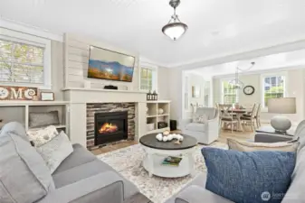 The gas fireplace adds warmth and charm, perfect for cool seaside evenings.