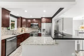 What a nice kitchen featuring newer microwave, range, dishwasher and garbage disposal, granite counters and updated lighting.