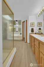 Primary bathroom with dual sink vanity, large shower, jetted soaking tub &  2 walk-in closets.