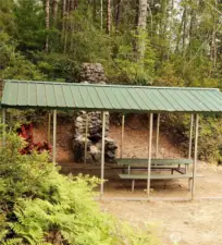 Community fireplace, picnic table, and life jackets for owners to enjoy.