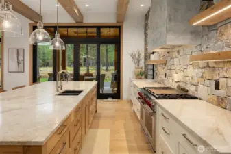 Paneled appliances, large custom drawers, Wolf and Sub Zero appliances, custom  Venetian plaster hood vent surround.