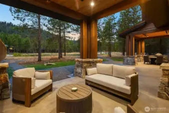 Outdoor kitchen and outdoor lounge both have overhead heaters, sonos sound system,  and built in gas fireplace. Beautiful outdoor spaces for entertaining and extending the  outdoor seasons.
