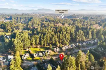 Bird’s-eye view highlighting the home’s location within Maple Valley, Washington, near parks and residential communities.