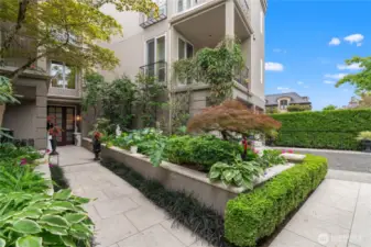 A grand resort-like private entrance leads to lake, mountain and city views