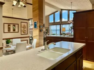 A kitchen with a view of Utsalady Bay.