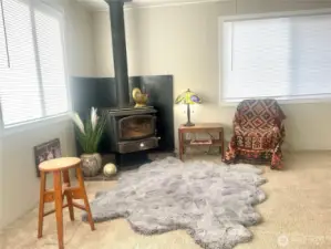 cozy wood stove in living room