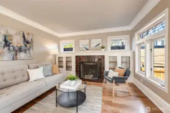 Living Room with Beveled Glass, Quality Built-ins, Fireplace and Mantel.