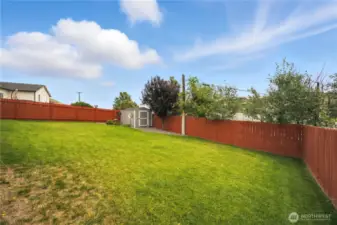 Fully fenced back yard. Automatic Sprinklers. Garden Shed.