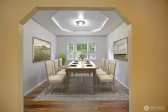 Virtually staged dining room with beautiful & unique arch design