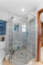 Brand new shower in primary bathroom.
