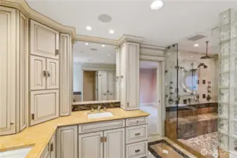 The Designer of this bathroom called the shower the "Water Station"...its a soothing therapeutic massage everytime not to mention the heated bench seat for comfort.