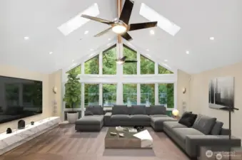 Media or Recreation room....all the space you need ready to personalize for your families lifestyle. Walls of windows letting in natural light. Skylights that open up. Designer dual ceiling fans. Adjoining door opens up to 3rd floor. deck. Hot tub, kitchen area & bathroom.