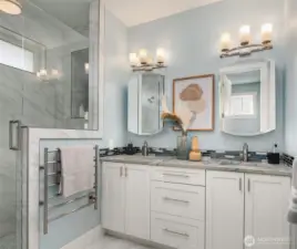 Ensuite bathroom to ADU bedroom with heated floors.