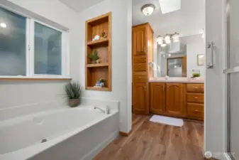 Large primary bathroom with double vanity.