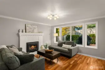 Gleaming hardwoods and a striking gas fireplace in the family room