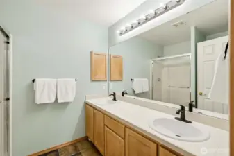 Primary bath with double vanity and shower