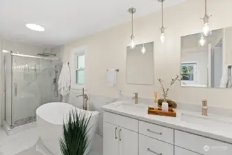 Fully remodeled primary bathroom with heated floors