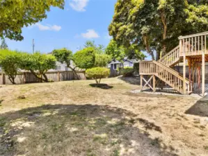private fully fenced backyard with fruit trees