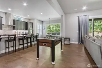 Living room flowing into kitchen