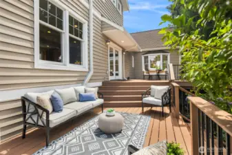 Two-tiered deck offers plenty of space for lounging or entertaining
