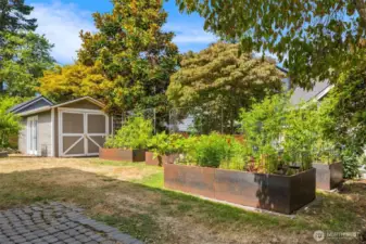 Extra-large garden shed and raised beds with drip irrigation.  DADU potential!