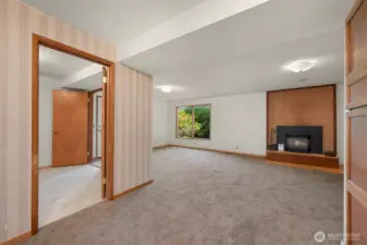 Back inside the lower level living space. Family room, plus extra room off to the left. What will you make of this room?