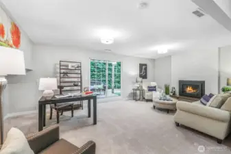 The lower-level family room provides a versatile gathering space with direct access to the backyard. A cozy fireplace adds warmth and ambiance, making it a welcoming spot year-round.