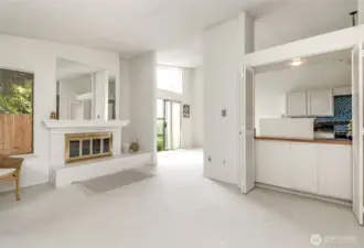 The fireplace has a hearth and a mantle