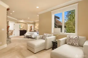 Primary Suite sitting alcove with Juliette balcony and custom bookcase/display cabinetry