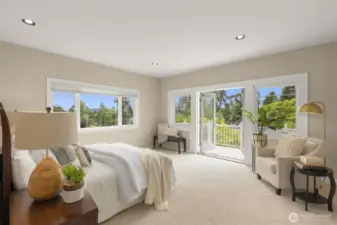 Primary retreat with amazing light, fabulous windows, high ceilings, deck, and sunset views.