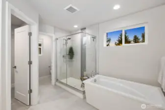Primary suite with soaking tub, walk-in closet, and water closet.
