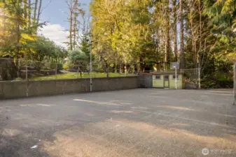 Sports court and multiple outbuildings
