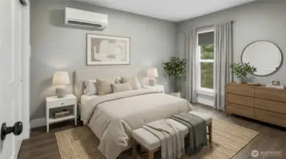 Virtually staged primary bedroom.