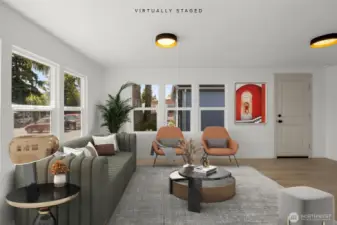 Virtually staged photo of living area facing toward the front door