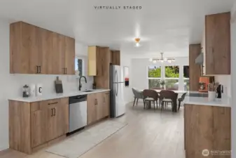 Virtually staged kitchen and dining area