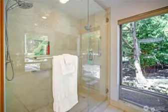 Double shower opposite the tub.