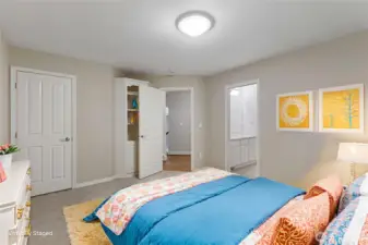 Fourth bedroom features a window seat, built-in display shelves, good size closet and access to Jack and Jill bathroom.